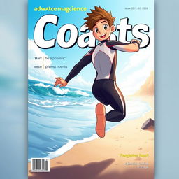 Anime-style cover art for an educational science magazine issue titled 'Coasts', featuring a friendly athletic teen male character in a tight wetsuit, energetically running along a beach towards the ocean