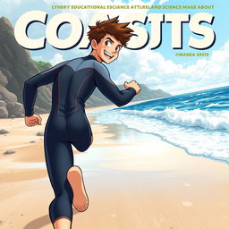 Anime-style cover art for an educational science magazine issue titled 'Coasts', featuring a friendly athletic teen male character in a tight wetsuit, energetically running along a beach towards the ocean