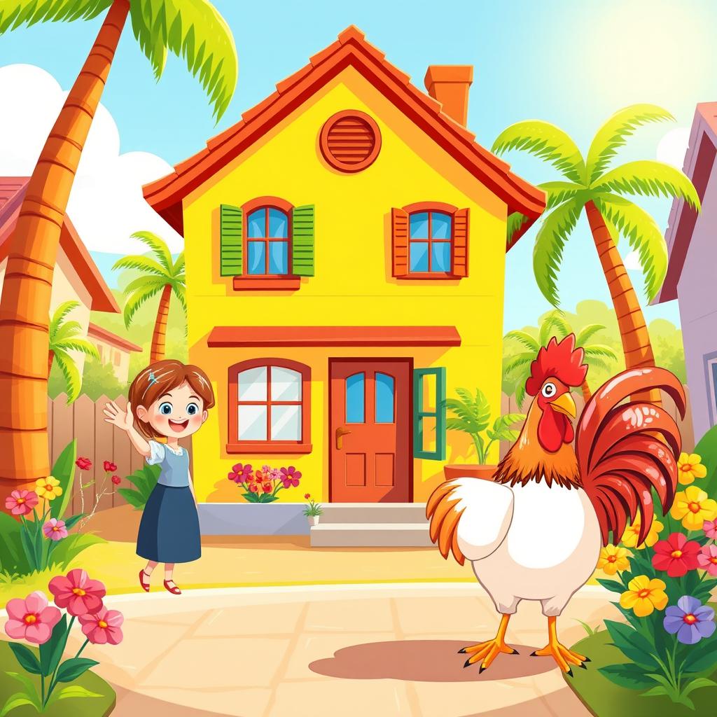 A delightful children's illustration depicting a cozy house with a colorful facade, surrounded by a sunny landscape