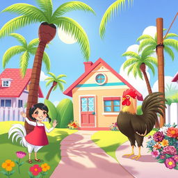A delightful children's illustration depicting a cozy house with a colorful facade, surrounded by a sunny landscape
