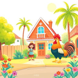 A delightful children's illustration depicting a cozy house with a colorful facade, surrounded by a sunny landscape