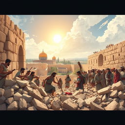 A vivid and dramatic illustration inspired by Nehemiah 4:6-9 from the ESV Bible, showcasing a group of ancient Hebrew laborers dedicated to rebuilding the walls of Jerusalem