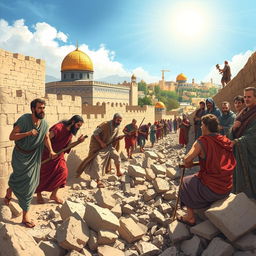 A vivid and dramatic illustration inspired by Nehemiah 4:6-9 from the ESV Bible, showcasing a group of ancient Hebrew laborers dedicated to rebuilding the walls of Jerusalem