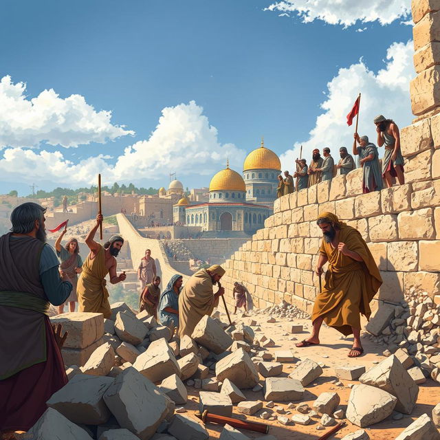 A vivid and dramatic illustration inspired by Nehemiah 4:6-9 from the ESV Bible, showcasing a group of ancient Hebrew laborers dedicated to rebuilding the walls of Jerusalem