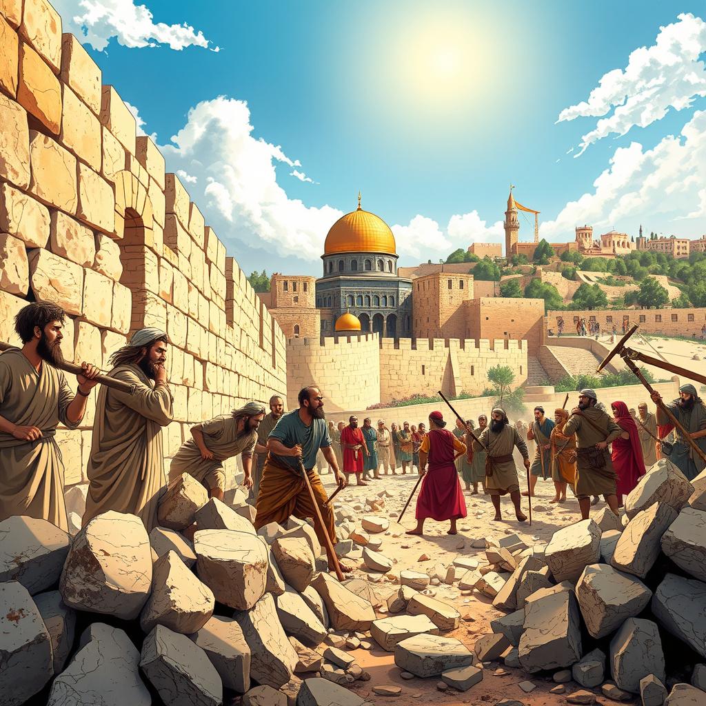 A vivid and dramatic illustration inspired by Nehemiah 4:6-9 from the ESV Bible, showcasing a group of ancient Hebrew laborers dedicated to rebuilding the walls of Jerusalem