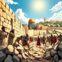 A vivid and dramatic illustration inspired by Nehemiah 4:6-9 from the ESV Bible, showcasing a group of ancient Hebrew laborers dedicated to rebuilding the walls of Jerusalem