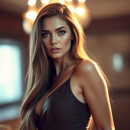 An attractive and sensual woman with long, flowing hair cascading down her shoulders