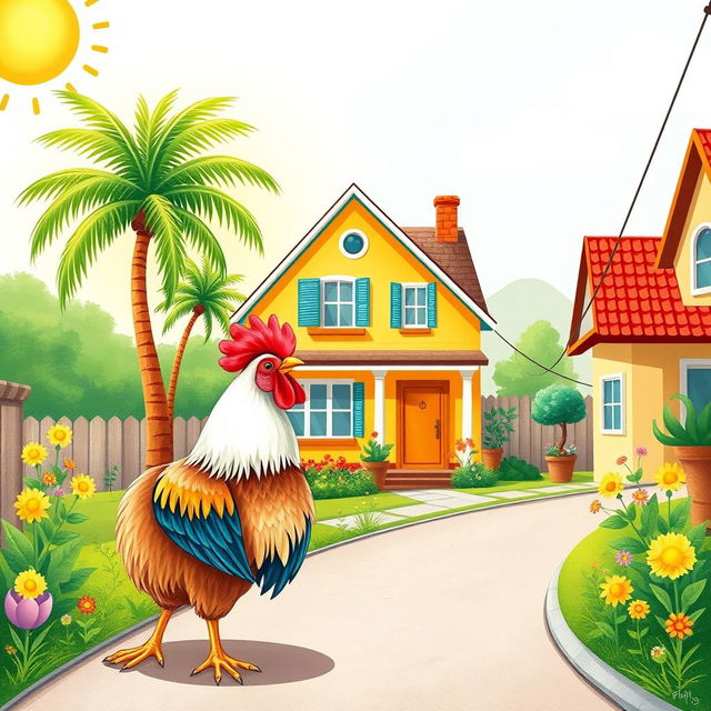 A delightful children's illustration depicting a charming house with a bright, colorful exterior set against a sunny backdrop