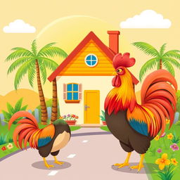 A delightful children's illustration depicting a charming house with a bright, colorful exterior set against a sunny backdrop