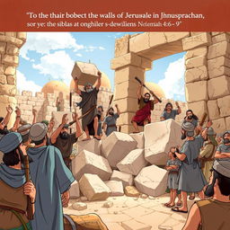 A dynamic and inspiring illustration based on Nehemiah 4:6-9 from the ESV Bible, showcasing a group of ancient Hebrew builders actively reconstructing the walls of Jerusalem