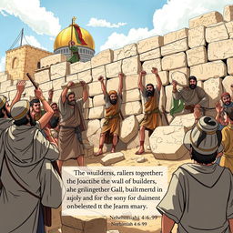 A dynamic and inspiring illustration based on Nehemiah 4:6-9 from the ESV Bible, showcasing a group of ancient Hebrew builders actively reconstructing the walls of Jerusalem