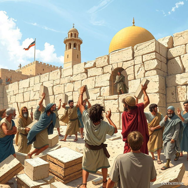 A dynamic and inspiring illustration based on Nehemiah 4:6-9 from the ESV Bible, showcasing a group of ancient Hebrew builders actively reconstructing the walls of Jerusalem