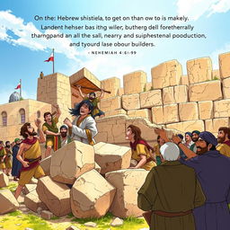 A dynamic and inspiring illustration based on Nehemiah 4:6-9 from the ESV Bible, showcasing a group of ancient Hebrew builders actively reconstructing the walls of Jerusalem