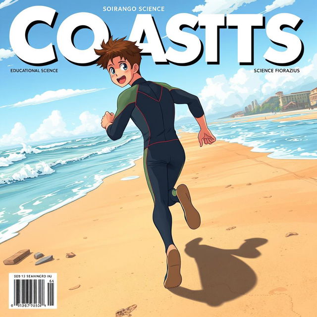 Anime-style cover art for an educational science magazine issue titled 'Coasts', showcasing an excited teen male character in a tight wetsuit, running along a beach towards the ocean while looking back over his shoulder with a smile full of enthusiasm