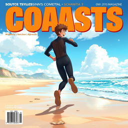 Anime-style cover art for an educational science magazine issue titled 'Coasts', showcasing an excited teen male character in a tight wetsuit, running along a beach towards the ocean while looking back over his shoulder with a smile full of enthusiasm