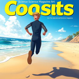 Anime-style cover art for an educational science magazine issue titled 'Coasts', showcasing an excited teen male character in a tight wetsuit, running along a beach towards the ocean while looking back over his shoulder with a smile full of enthusiasm