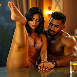 A sensual scene featuring a stunning Indian college girl with a captivating face and attractive figure, wearing a sheer transparent bikini
