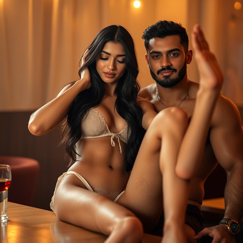 A sensual scene featuring a stunning Indian college girl with a captivating face and attractive figure, wearing a sheer transparent bikini