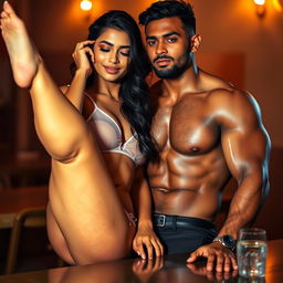 A sensual scene featuring a stunning Indian college girl with a captivating face and attractive figure, wearing a sheer transparent bikini