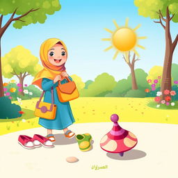 A charming children's illustration featuring a playful scene with a girl wearing a colorful hijab enjoying a sunny day