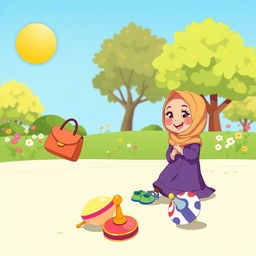 A charming children's illustration featuring a playful scene with a girl wearing a colorful hijab enjoying a sunny day