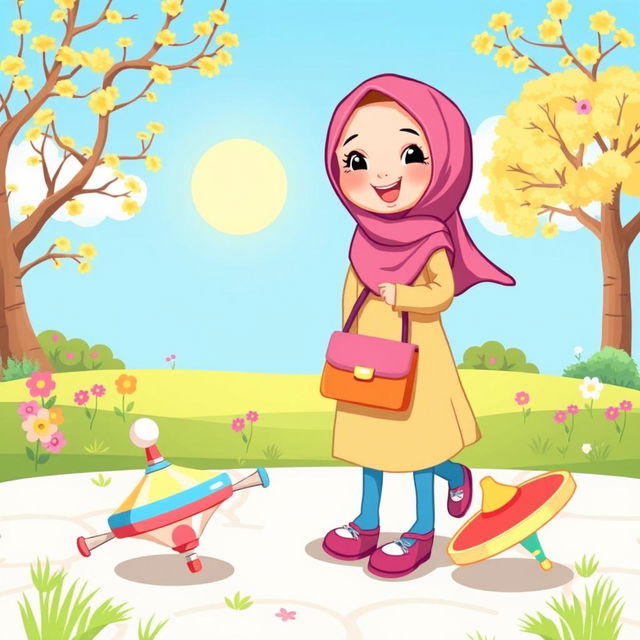 A charming children's illustration featuring a playful scene with a girl wearing a colorful hijab enjoying a sunny day