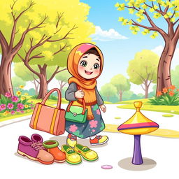 A charming children's illustration featuring a playful scene with a girl wearing a colorful hijab enjoying a sunny day