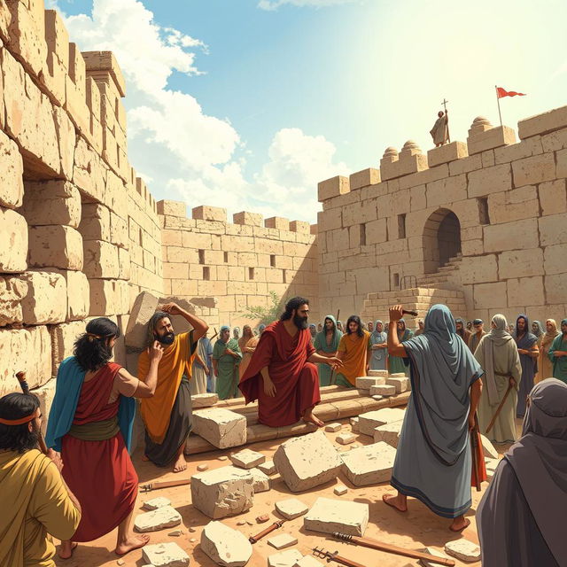 A compelling illustration of Nehemiah 4:6-9 from the ESV Bible, capturing the moment of ancient Hebrew builders reconstructing the walls of Jerusalem