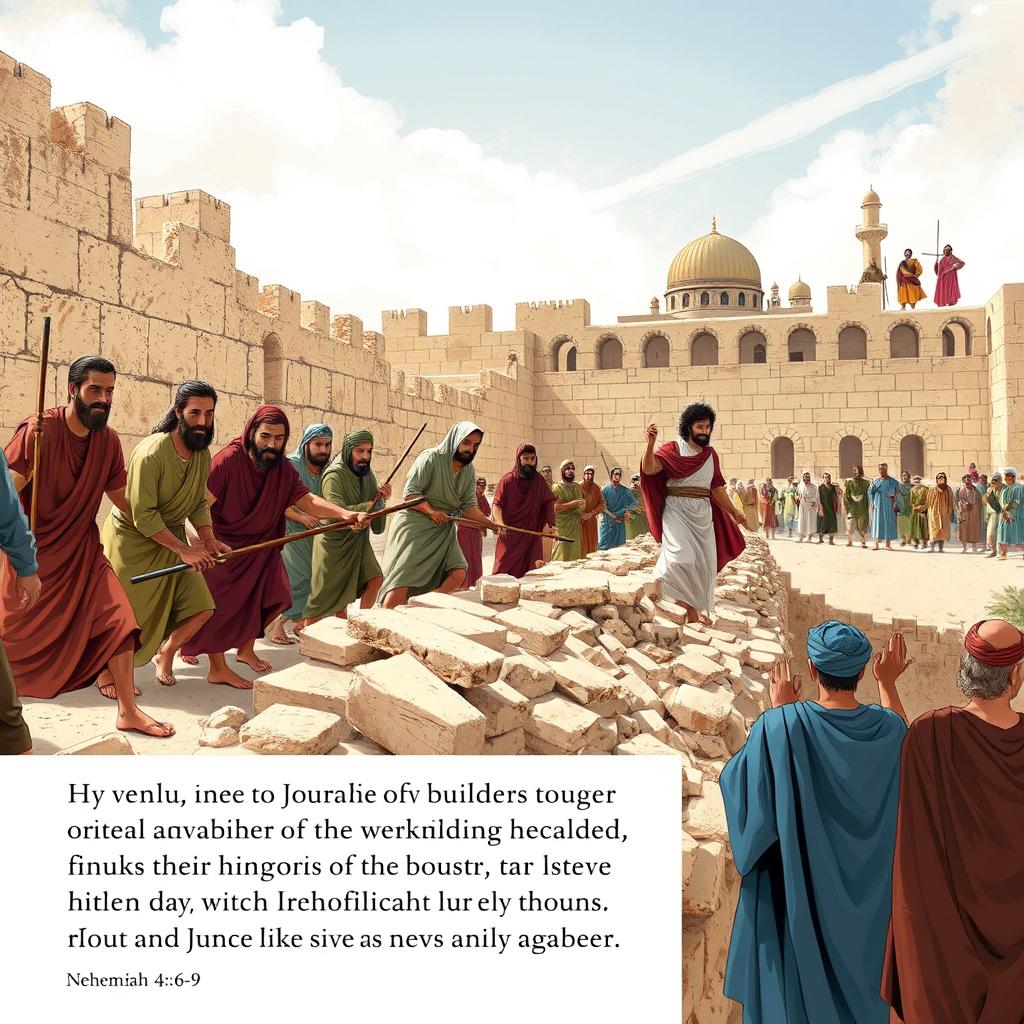 A compelling illustration of Nehemiah 4:6-9 from the ESV Bible, capturing the moment of ancient Hebrew builders reconstructing the walls of Jerusalem