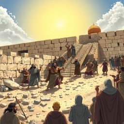 A compelling illustration of Nehemiah 4:6-9 from the ESV Bible, capturing the moment of ancient Hebrew builders reconstructing the walls of Jerusalem