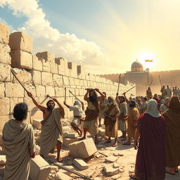 A compelling illustration of Nehemiah 4:6-9 from the ESV Bible, capturing the moment of ancient Hebrew builders reconstructing the walls of Jerusalem
