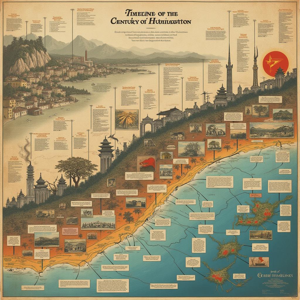 An intricate illustration of a timeline that highlights significant events of the Century of Humiliation, starting from the First Opium War in the mid-19th century to the conclusion of the Century of Humiliation