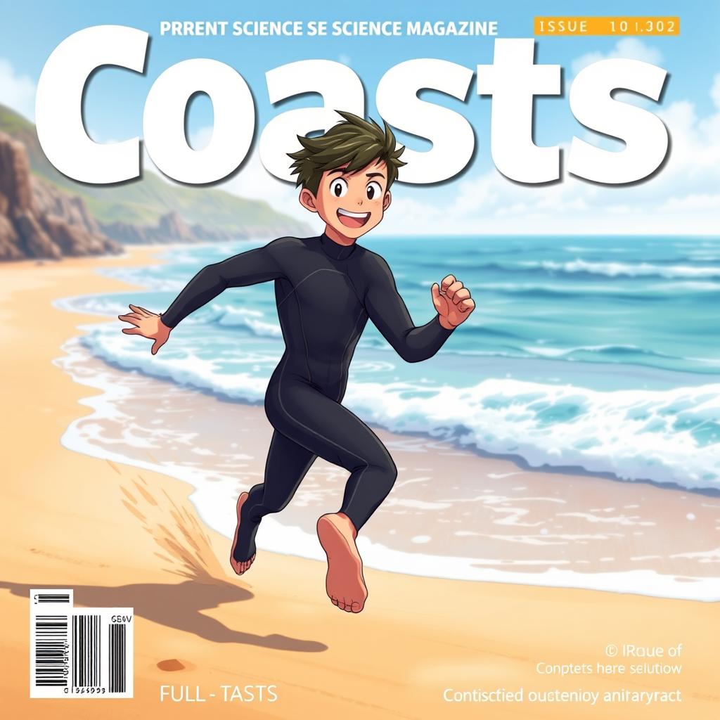 Anime-style cover art for an educational science magazine issue titled 'Coasts', featuring an excited teen male character in a tight full-body wetsuit, energetically running on a sandy beach towards the ocean while glancing back over his shoulder with a joyful expression