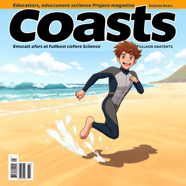 Anime-style cover art for an educational science magazine issue titled 'Coasts', featuring an excited teen male character in a tight full-body wetsuit, energetically running on a sandy beach towards the ocean while glancing back over his shoulder with a joyful expression