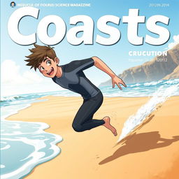 Anime-style cover art for an educational science magazine issue titled 'Coasts', featuring an excited teen male character in a tight full-body wetsuit, energetically running on a sandy beach towards the ocean while glancing back over his shoulder with a joyful expression