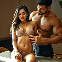 A sensual scene featuring a beautiful Indian college girl with an attractive face and alluring figure, wearing a sheer transparent bikini