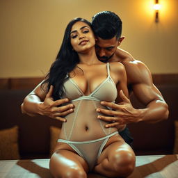 A sensual scene featuring a beautiful Indian college girl with an attractive face and alluring figure, wearing a sheer transparent bikini