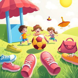 A playful children's illustration showcasing a fun scene where colorful shoes ('کفش') are scattered around a bright and cheerful playground