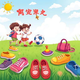 A playful children's illustration showcasing a fun scene where colorful shoes ('کفش') are scattered around a bright and cheerful playground