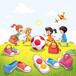 A playful children's illustration showcasing a fun scene where colorful shoes ('کفش') are scattered around a bright and cheerful playground