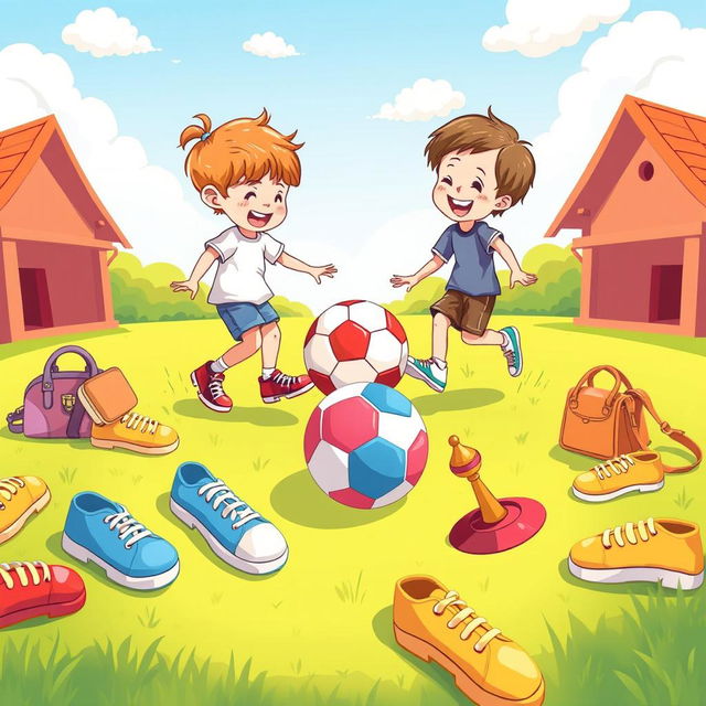 A playful children's illustration showcasing a fun scene where colorful shoes ('کفش') are scattered around a bright and cheerful playground