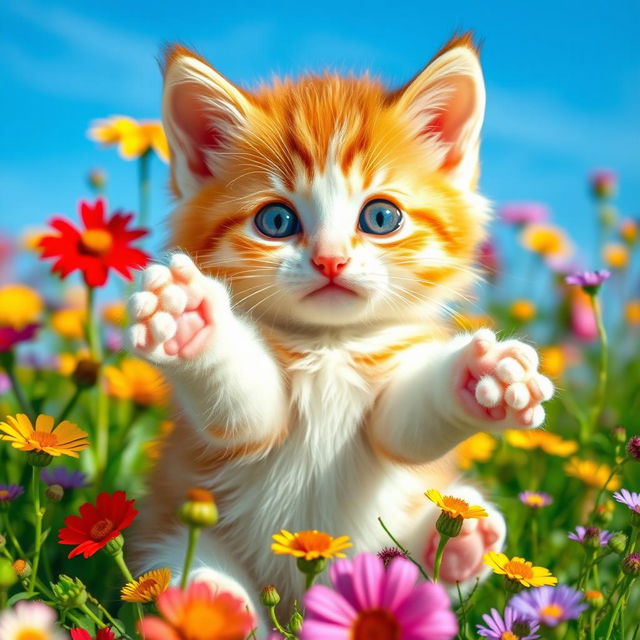 A cute little kitten sitting playfully in a field of colorful wildflowers, with bright blue skies in the background