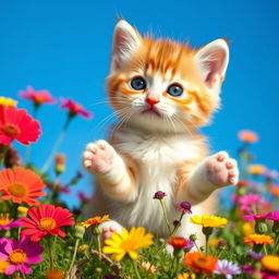 A cute little kitten sitting playfully in a field of colorful wildflowers, with bright blue skies in the background