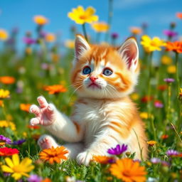 A cute little kitten sitting playfully in a field of colorful wildflowers, with bright blue skies in the background