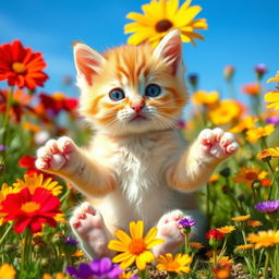 A cute little kitten sitting playfully in a field of colorful wildflowers, with bright blue skies in the background