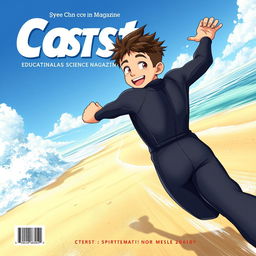Anime-style cover art for an educational science magazine issue titled 'Coasts', showcasing an excited teen male character in a tight full-body wetsuit, sprinting along a sandy beach towards the ocean while glancing back behind himself with a joyful expression