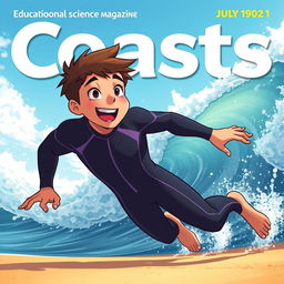 Anime-style cover art for an educational science magazine issue titled 'Coasts', showcasing an excited teen male character in a tight full-body wetsuit, sprinting along a sandy beach towards the ocean while glancing back behind himself with a joyful expression