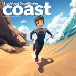 Anime-style cover art for an educational science magazine issue titled 'Coasts', showcasing an excited teen male character in a tight full-body wetsuit, sprinting along a sandy beach towards the ocean while glancing back behind himself with a joyful expression