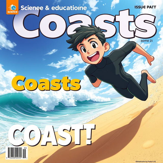 Anime-style cover art for an educational science magazine issue titled 'Coasts', showcasing an excited teen male character in a tight full-body wetsuit, sprinting along a sandy beach towards the ocean while glancing back behind himself with a joyful expression