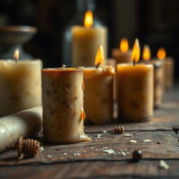 A close-up view of old candles on a wooden table, showcasing their worn-out textures and remnants of melted wax